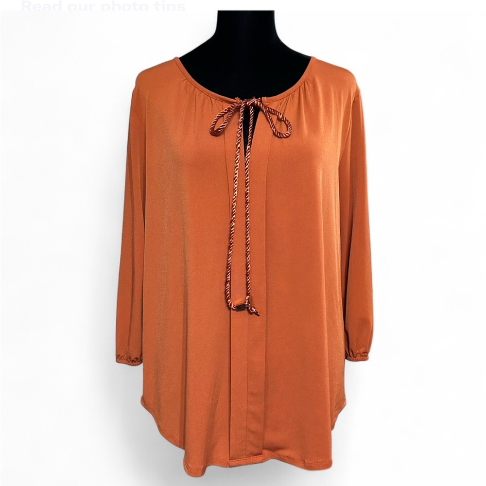 AUW 3/4 Sleeve Orange Tie-Front Blouse With A Relaxed Fit L NWOT